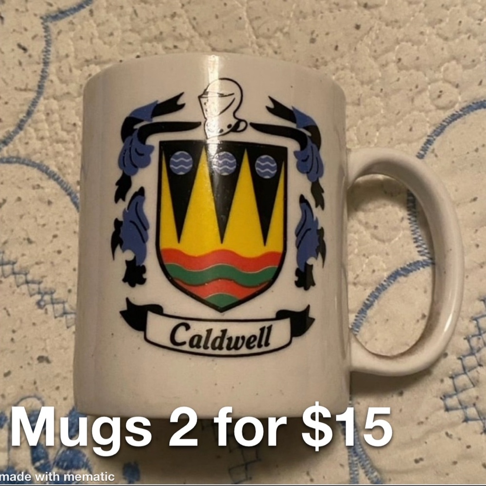 Caldwell Black and White Ceramic Mug with Crest Design